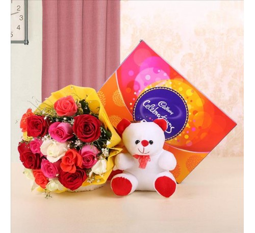 Mixed Roses White Teddy & Cadbury Celebration Pack 