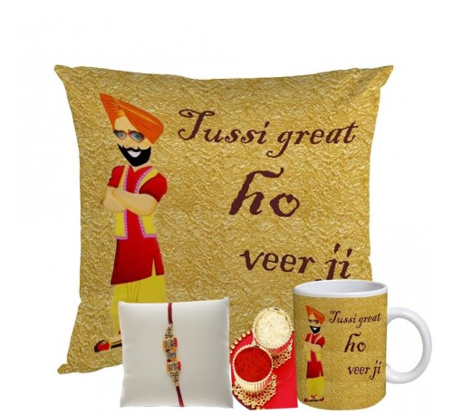 Veerji Cushion with Rakhi Hamper