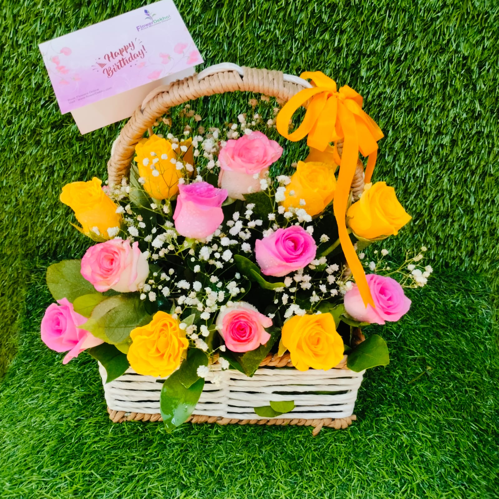 Yellow and pink rose flower basket with message card – FlowerDekho