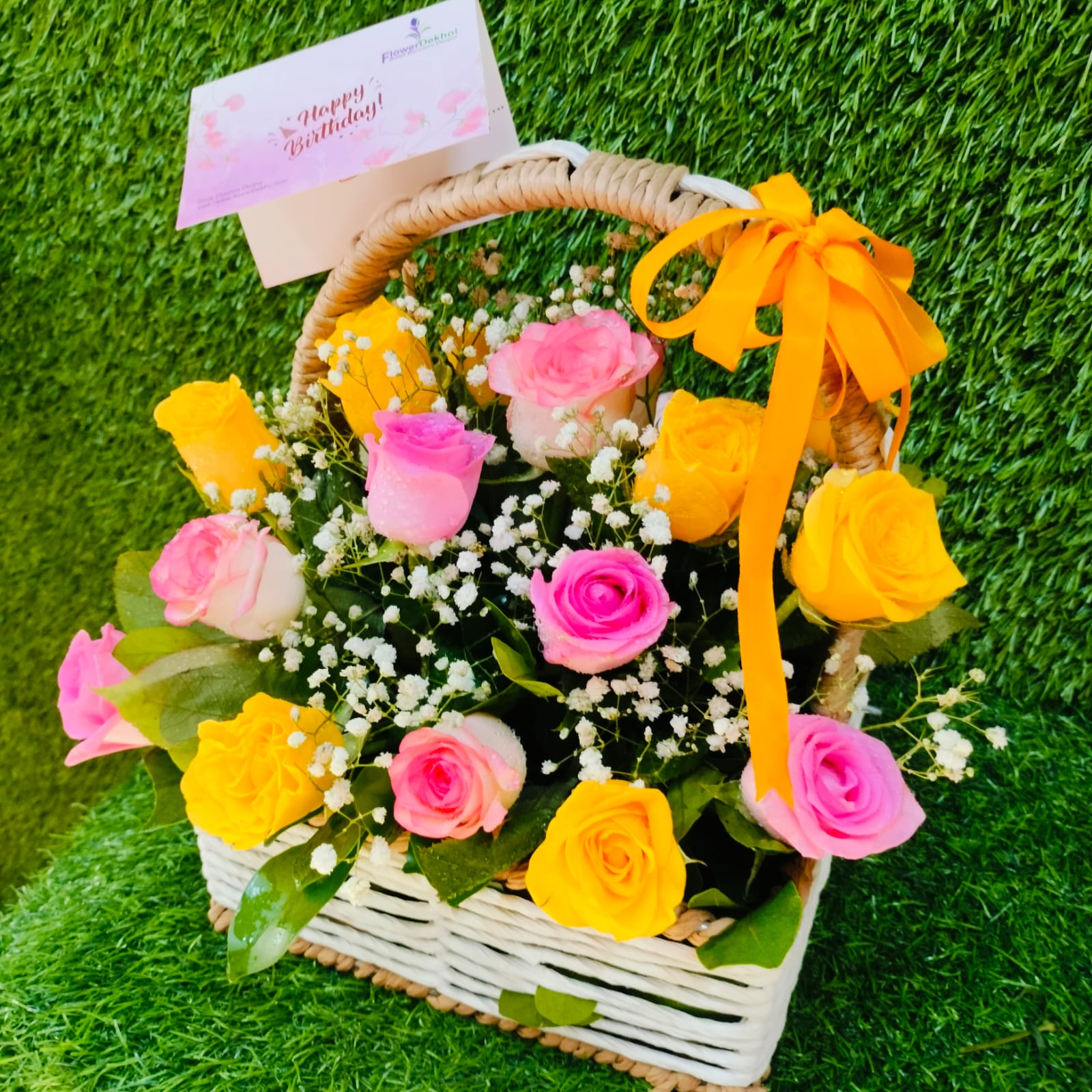 Yellow and pink rose flower basket with message card – FlowerDekho