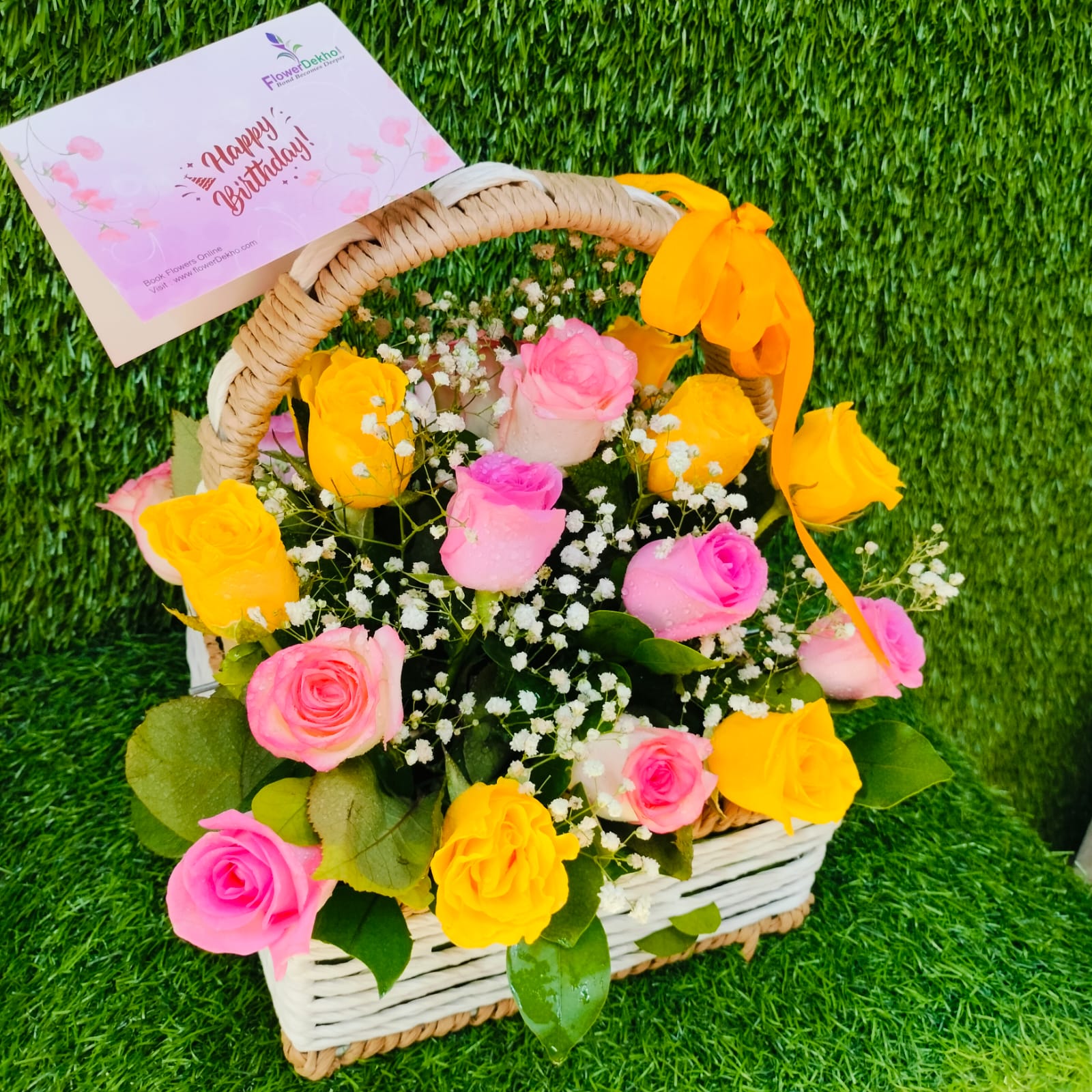 Yellow and pink rose flower basket with message card – FlowerDekho