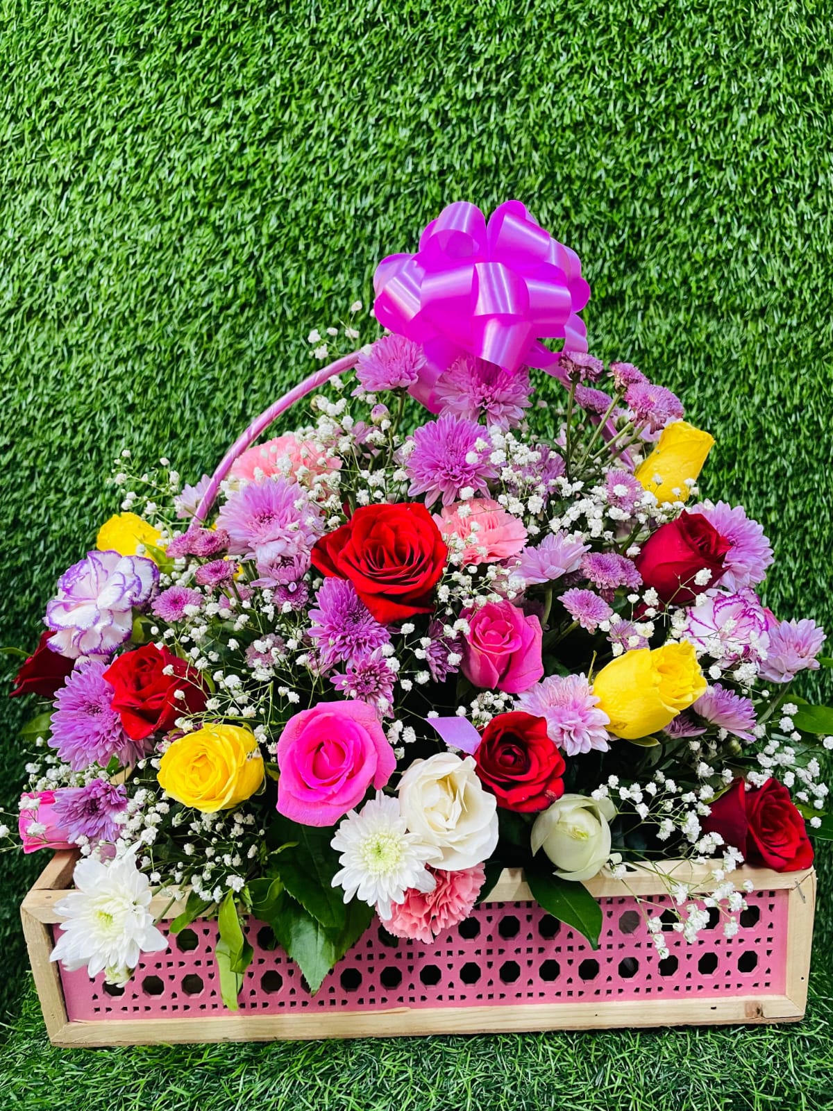 Colorful floral basket with roses and chrysanthemums – FlowerDekho
